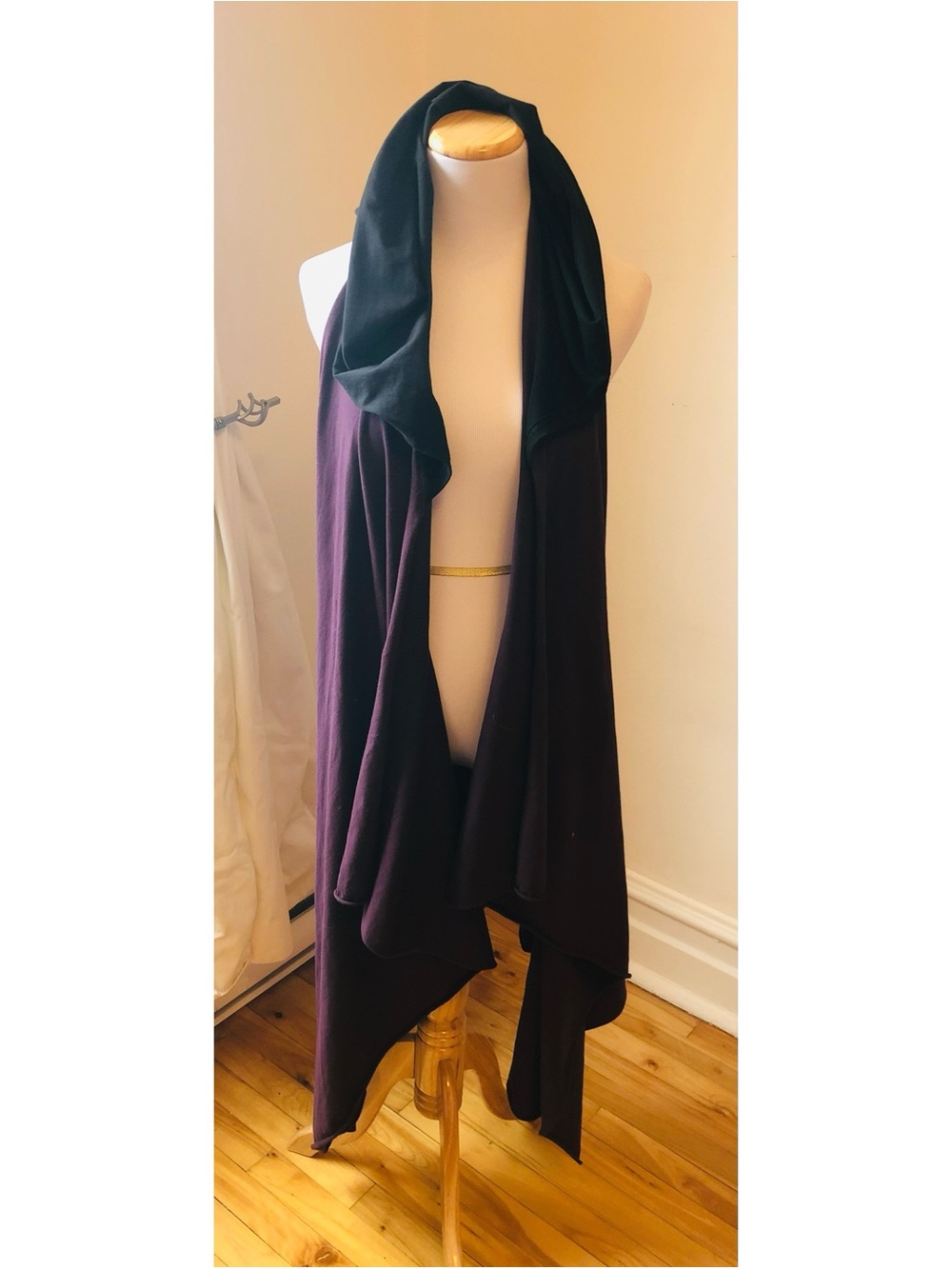 Long Hooded Cardigan Wrap in Deep Plum and Black OSFA - Picture 4 of 8